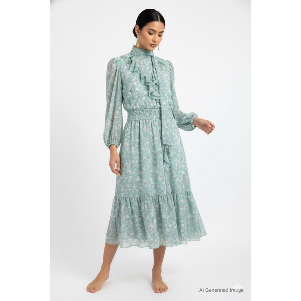 NWT Vtg 80's Montage by Mosaic Women's Mint green Floral Boho Dress Sz S w scarf